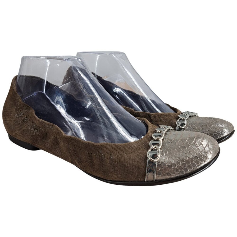 AGL Leather Cap Toe Metallic Ballet Flats Size 38.5 US 8.5 Brown Chain Snakeskin